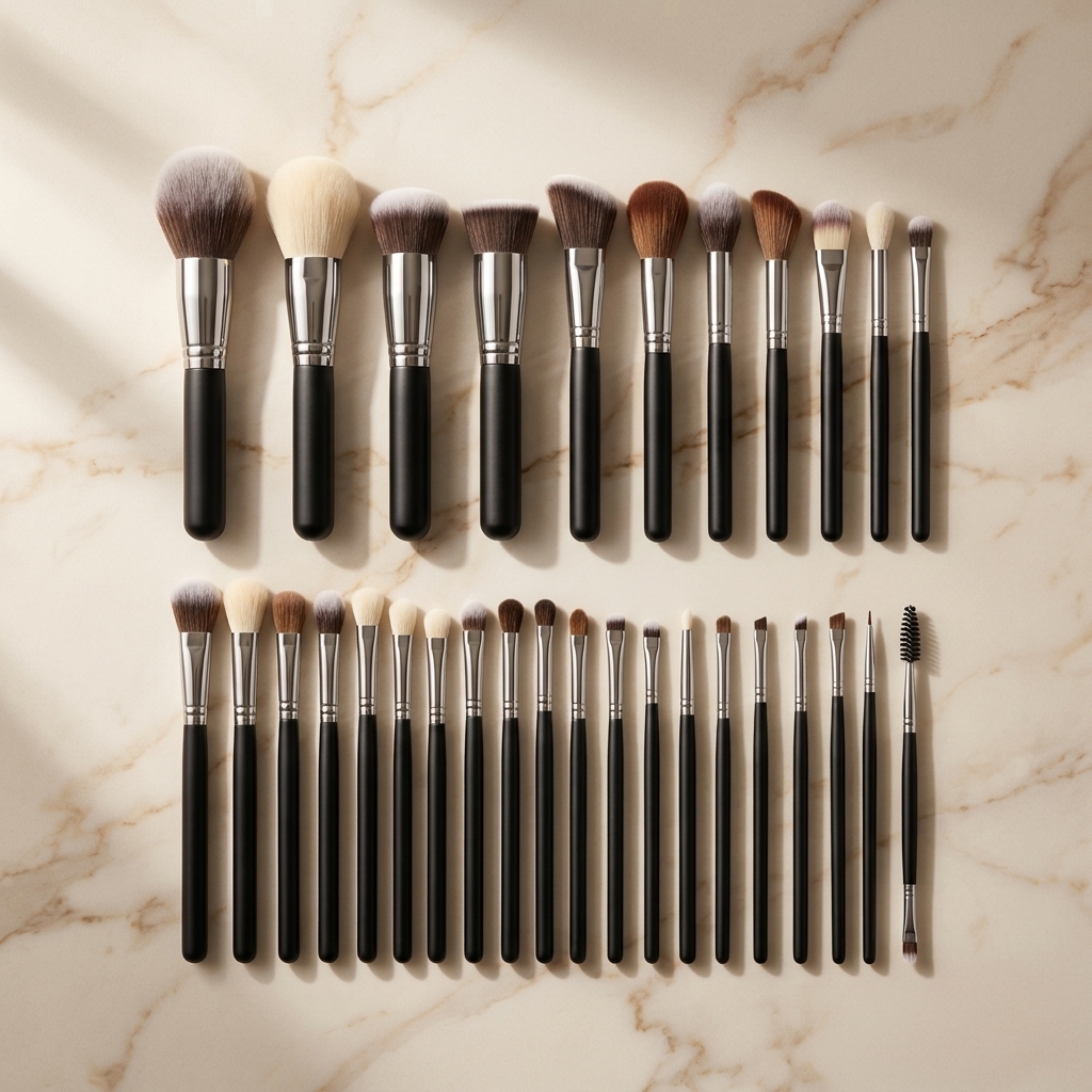 Editorial flat lay of a 30-piece professional makeup brush set on soft beige marble